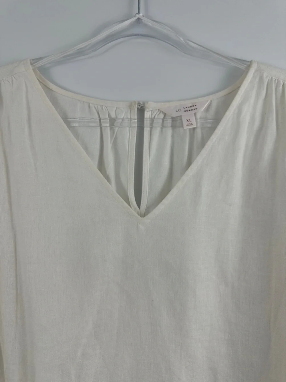 LC Lauren Conrad Cream Linen Blend Puff Sleeve Blouse XL V-Neck Cottagecore Top - Picture 6 of 7
